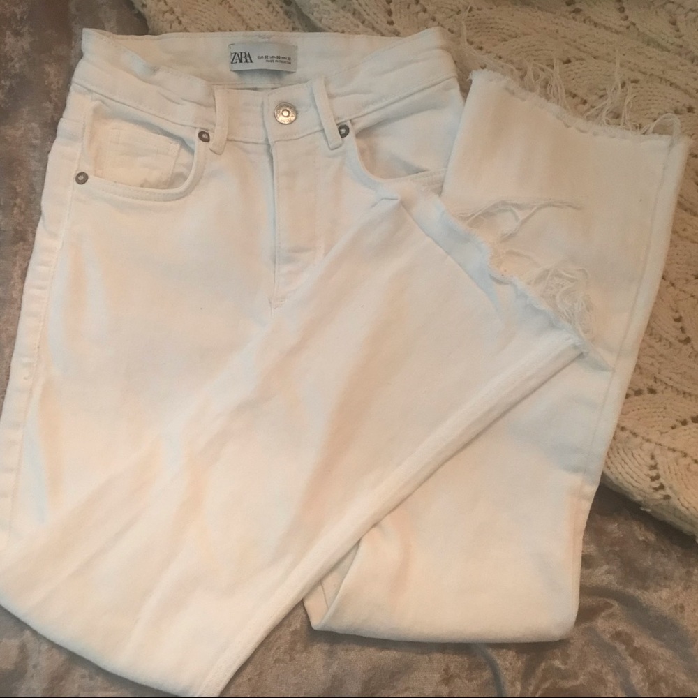 Zara white high waisted crop raw gem jeans
